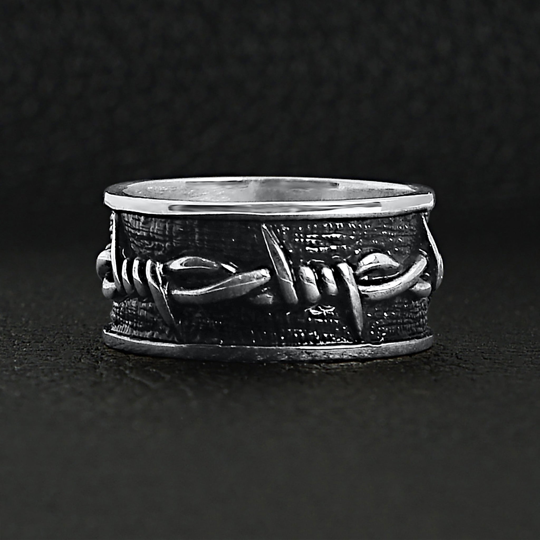SSR0077 Sterling Silver Barbed Wire Ring Lifestyle Front